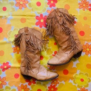 VTG 1980s Tan Fringe Leather Cowboy Boots